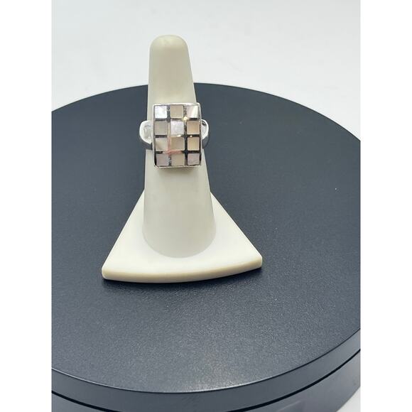 Mother of pearl Inlay Checkerboard Modern Chunky Tile Iridescent Ring Sz 7.25 - Picture 2 of 8